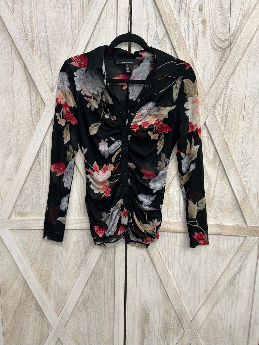 White House Black Market Black Floral Ruched Button-Front Blouse